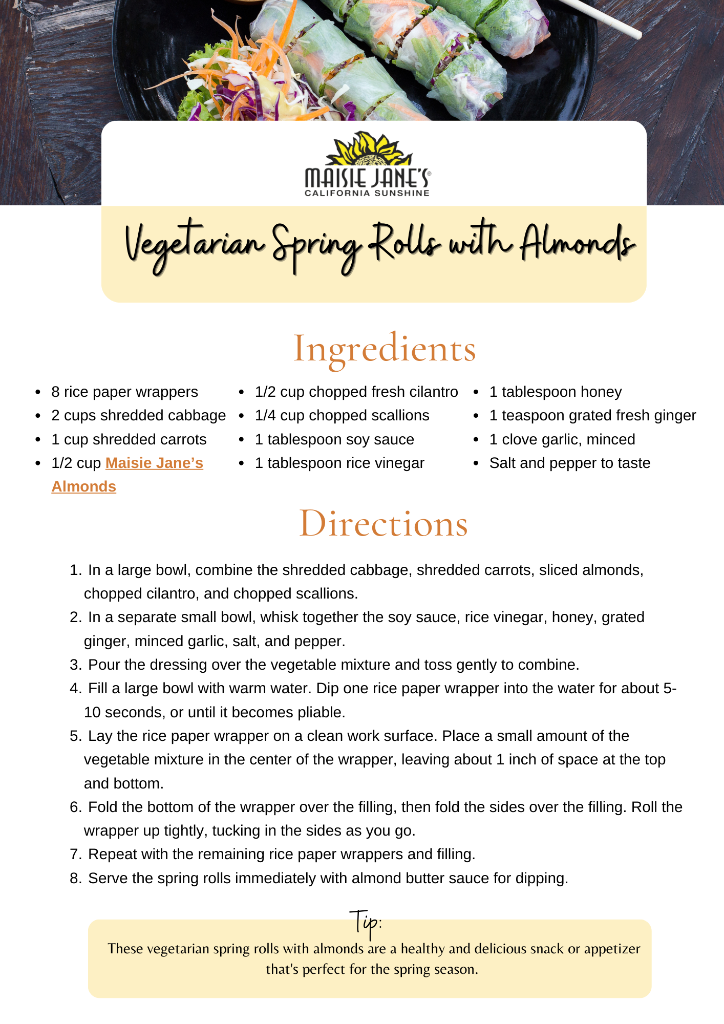 Maisie Jane's Vegetarian Spring Rolls with Almonds Recipe Card