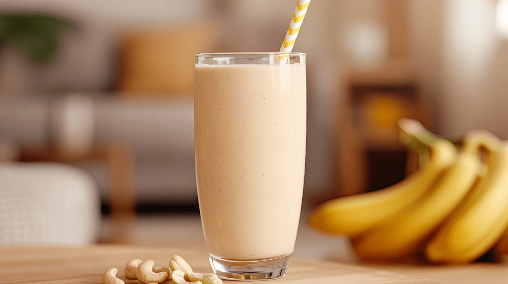 Cashew Banana smoothie in a tall glass with a straw