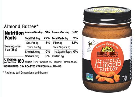 Crunchy Almond Butter and Nutrition Label