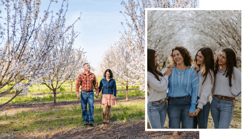 Maisie Jane and her family in their almond orchard during the spring bloom