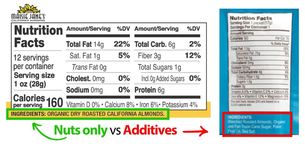 Two Ingredient and Nutrition labels side by side to compare the additives in the ingredients list.