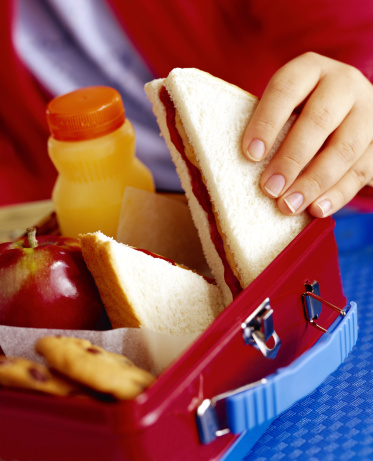 child taking sandwich out of lunch box
