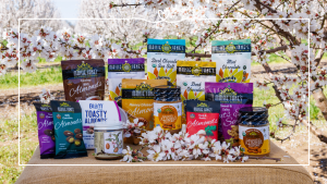 Types of almonds and products in an orchard with blooms
