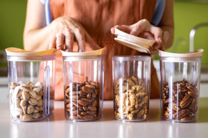 storage containers of almonds and nuts