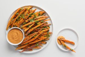 Sweet Potato Fries with Spicy Almond Butter Dip
